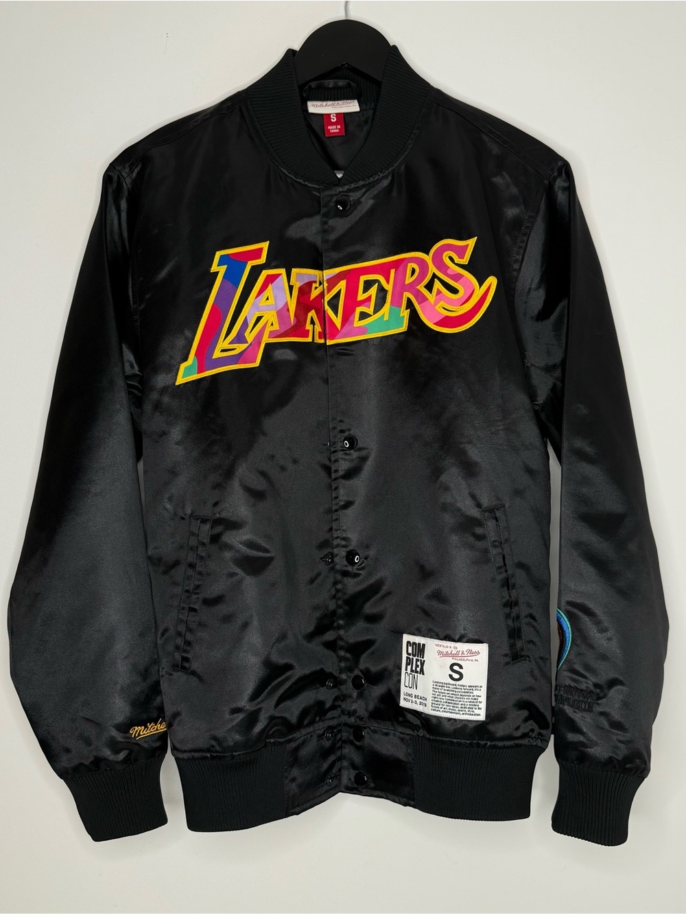 Mitchell & Ness Black Lakers Satin Bomber Jacket with Multicolor Logo